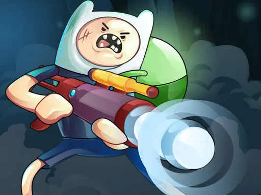 Jogo de ação com personagem estilo Finn atirando com arma futurista. Lute contra robôs em planeta alienígena, colete e combine armas para derrotar os inimigos. Visual cartoon com temática de ficção científica e aventura.